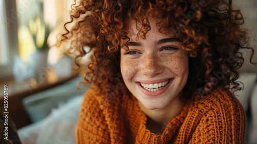 A woman with red hair and freckles is smiling and wearing an orange sweater © liliyabatyrova
