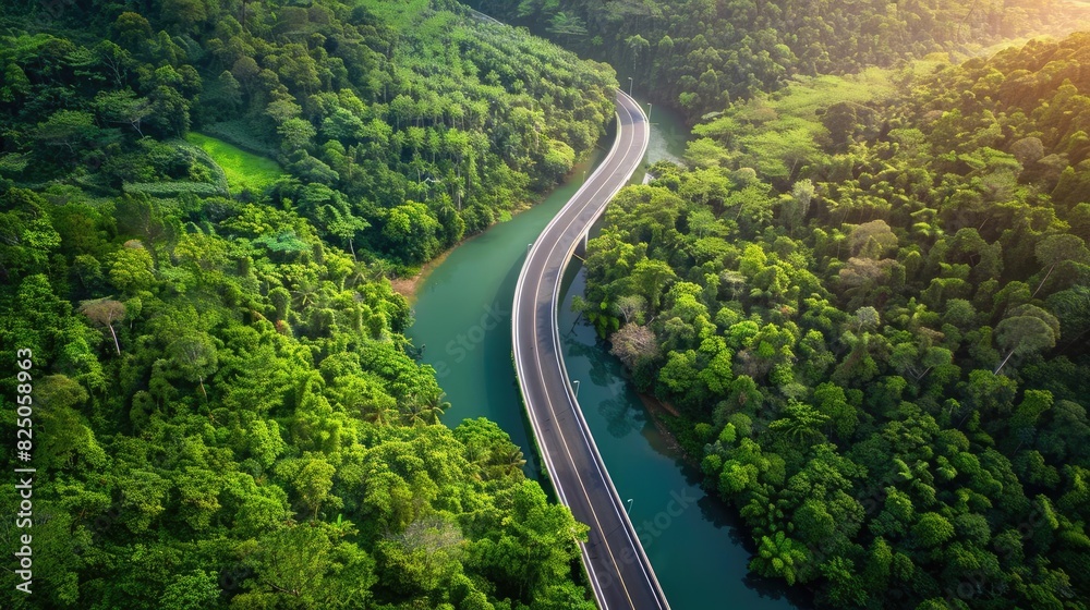 Aerial view of a winding road through dense green forest and river at sunrise, showcasing natural beauty and scenic landscapes.