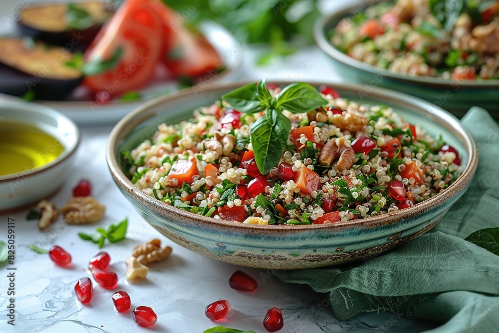 A bowl of food with nuts and vegetables on a table A bowl of food with nuts and vegetables on a table