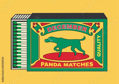 1Dog, and hound, bitch, doggy, pooch, doggo illustration in Matchbox art and matches vector. Vintage and antique matchbox packaging design illustration. retro style packaging. old style design