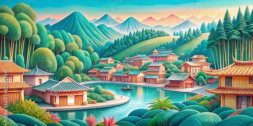 traditional asian painted landscape  panda  bamboo  temple  mountains and water