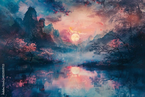 A beautiful landscape painting of a lake in the mountains at sunset. The sky is a gradient of purple and pink, and the trees are a deep green. The water is a deep blue, and the mountains are a light b
