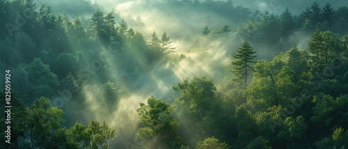 Panoramic view of misty forest in the morning. Beautiful summer landscape