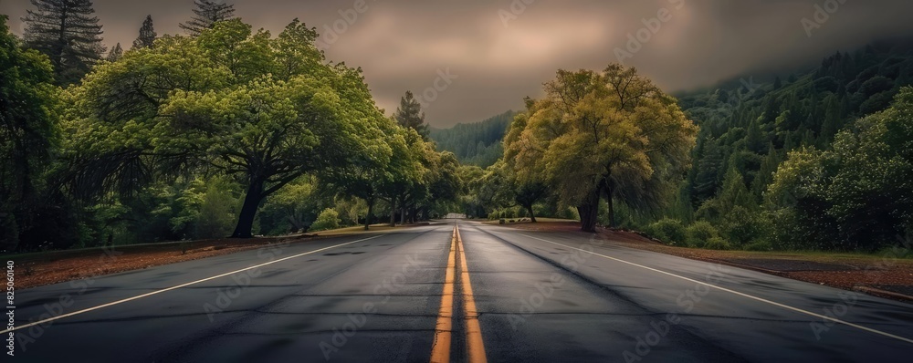 Serene roadside view of a tree-lined highway disappearing into the misty horizon under a cloudy sky, creating a peaceful and scenic atmosphere.