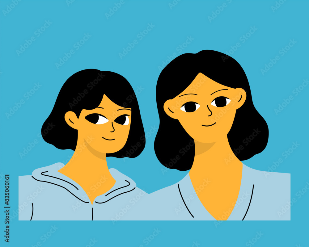 Two friends, sisters or colleagues. Girls with happy faces. Simple vector illustration in cartoon style. Two friends, sisters or colleagues. Girls with happy faces. Simple vector illustration in cartoon style.