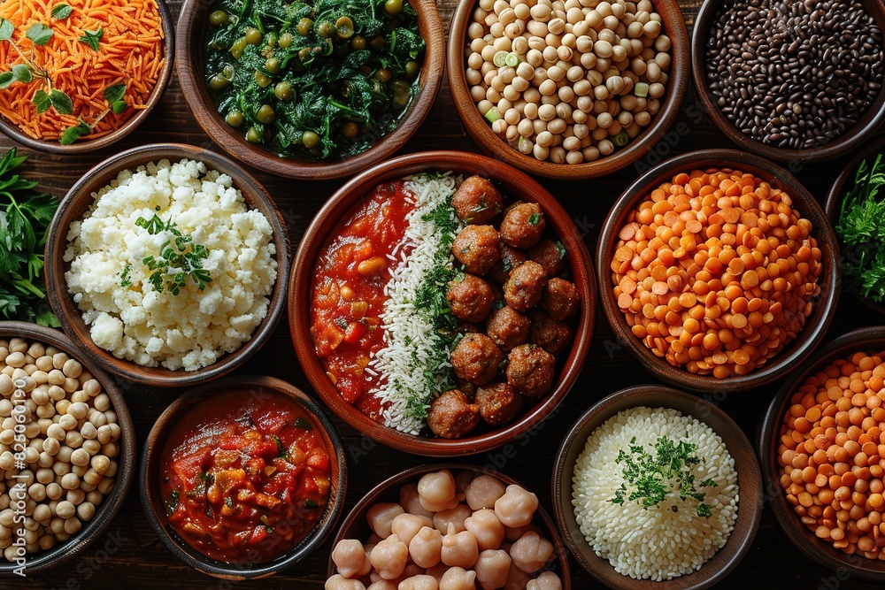 A variety of food items are displayed in bowls, including beans, rice A variety of food items are displayed in bowls, including beans, rice
