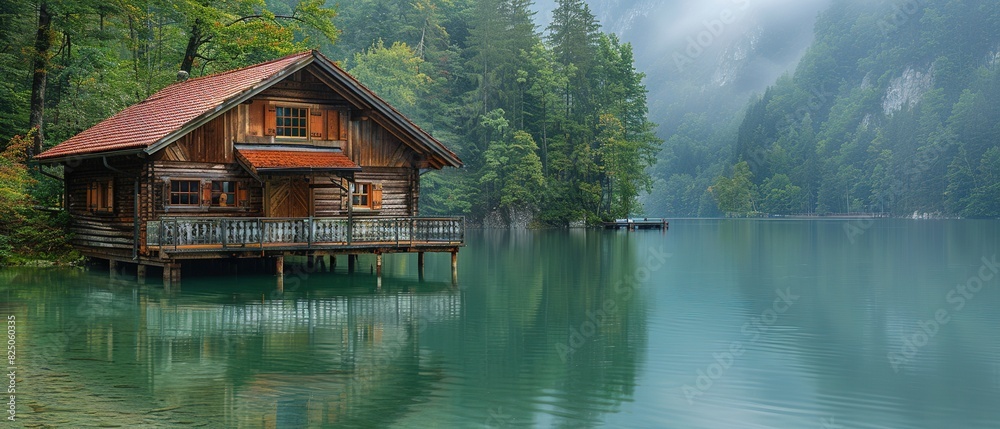 Wooden house on the shore of lake in the middle of a green forest Wooden house on the shore of lake in the middle of a green forest
