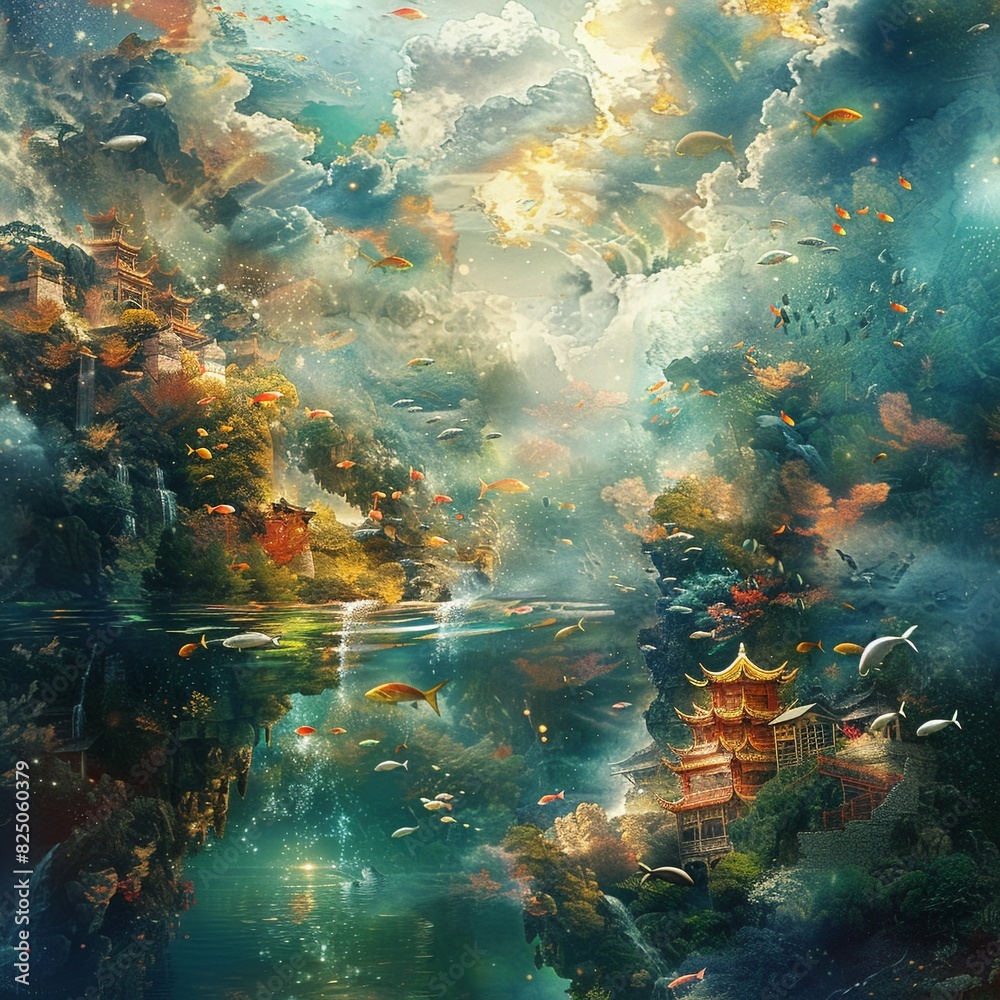 Fototapeta premium A beautiful painting of an underwater world with a Chinese pagoda.
