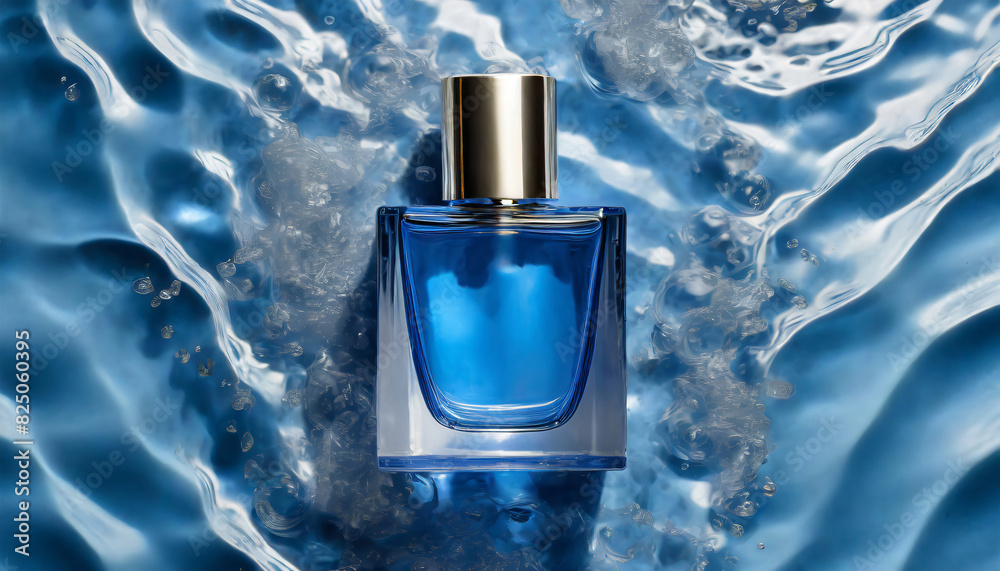 top view of a blue MockUp perfume bottle between water and waves top view of a blue MockUp perfume bottle between water and waves