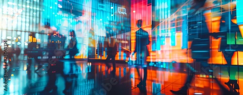 A double exposure of business people in suits and colorful graphs, charts and images on digital screens, representing the fast paced nature of corporate life. 