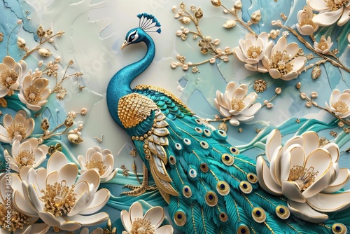 Fototapeta Naklejka Na Ścianę i Meble -  3d mural peacock illustration background with golden jewelry and flowers
