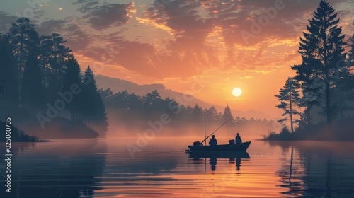 Fishing Trip: Illustrate a serene fishing trip with friends or family on a calm lake, showcasing relaxation and outdoor adventure.