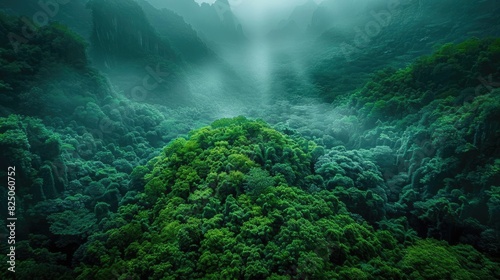 Lush green rainforest with mist and fog in a mountainous landscape  creating a serene and mystical atmosphere for nature and landscape lovers.