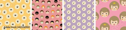 Collection of four surface patterns, beautiful girlish faces. Creative branding design, female look, different repeatable prints.