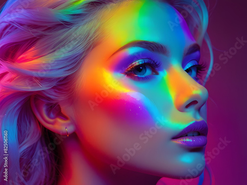 a woman with a rainbow colored background and a glittery star