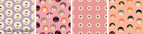 Collection of four surface patterns, beautiful girlish faces. Repeatable texture, multipurpose use, female appearance, seamless colorful design.