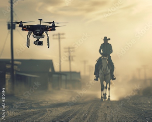 A cowboy rides his horse through the desert while being chased by a drone. photo