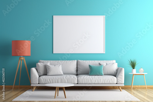 A modern living space with a vibrant sky blue accent wall, simple furniture, and an empty white frame mockup as a focal point. © NUSRAT ART