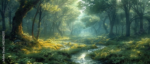 Mysterious forest with river in the morning mist. Beautiful forest with a river flowing through it