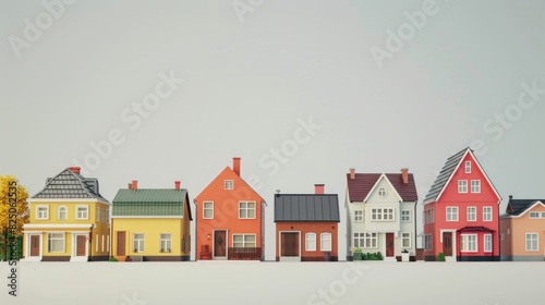 Colorful Row of Houses with Trees in Background on Gray Sky Background