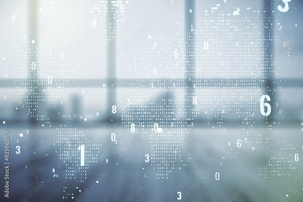 © Pixels Hunter - Multi exposure of abstract creative coding sketch and world map on empty corporate office background, artificial intelligence and neural networks concept