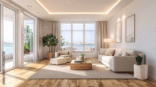 Stylish villa living room featuring beige furniture  bright walls  hardwood flooring  sofa  and armchair with lamp. Modern design for relaxation