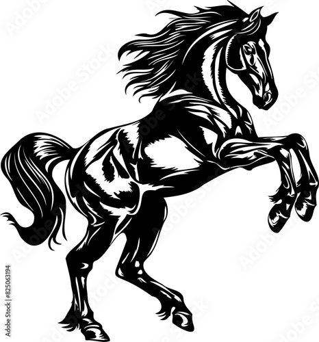 Rearing horse mascot in black and white style.