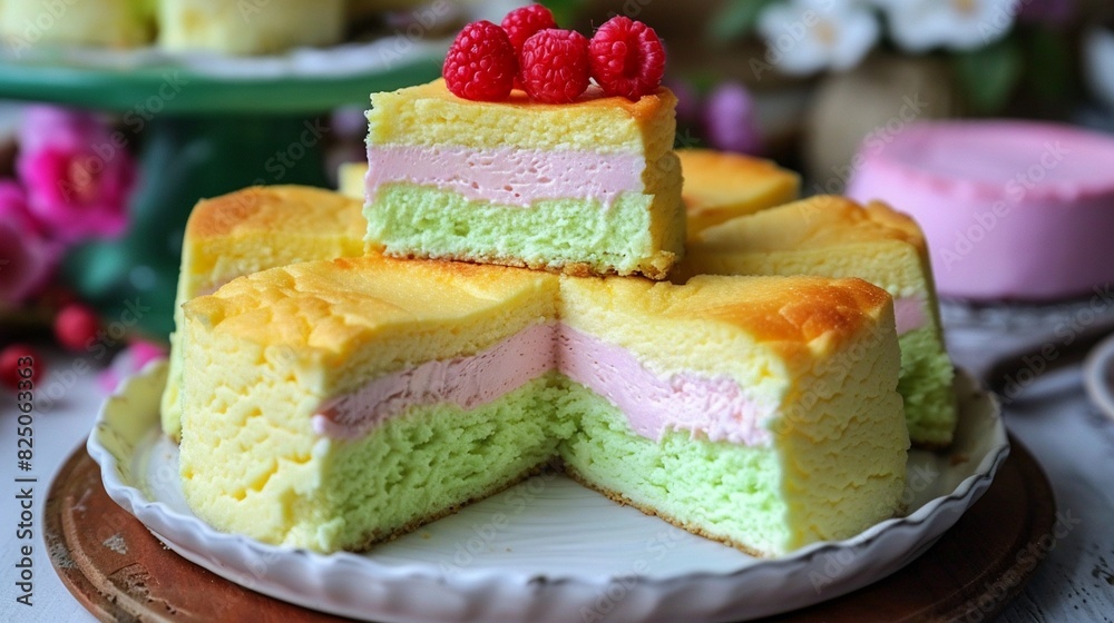 A photo of a matcha sponge cake with pink cream cheese frosting and raspberry compote filling. A photo of a matcha sponge cake with pink cream cheese frosting and raspberry compote filling.
