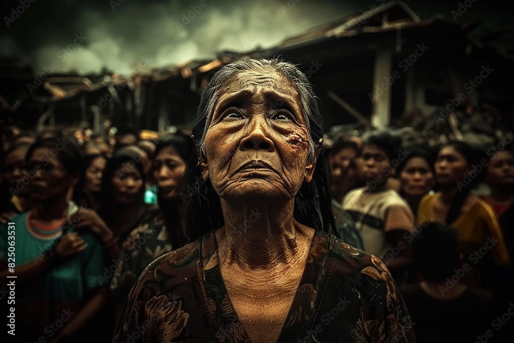 A photo of an elderly woman looking up at the sky with a crowd of people in the background.
