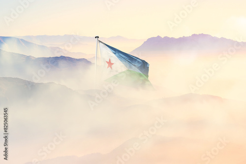 Djibouti flag disappears in beautiful clouds with fog.