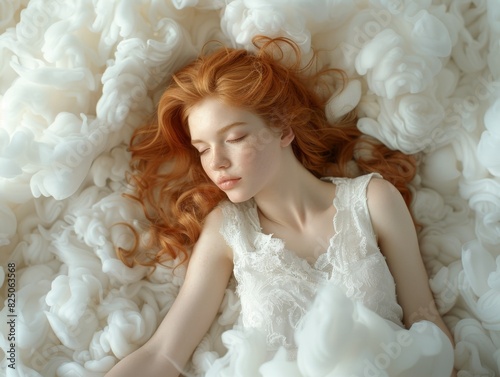 world sleep day. Picture of a sleeping woman surrounded by dreamy white clouds with more space around,