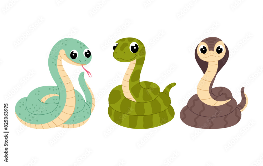Set cute snakes in flat style. Cartoon snakes on a white background. Kids illustration of animals. Symbol of 2025, New Year. Set cute snakes in flat style. Cartoon snakes on a white background. Kids illustration of animals. Symbol of 2025, New Year.