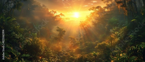 Beautiful landscape of tropical forest at sunrise