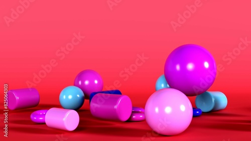 3D graphic depicting a cluster of shiny soft blue and pink spheres, cylinders, torus on a red background. 3D Render © kinomaster