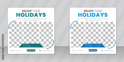 Set of two adventure travel poster templates. Dream vacation explore now. Travel agency world tour pack template, social media web banner design, Instagram holiday offer post