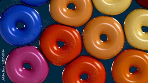 3D graphic depicting a cluster of shiny soft orange, blue, red, yellow and pink torus on a blue background. 3D Render photo