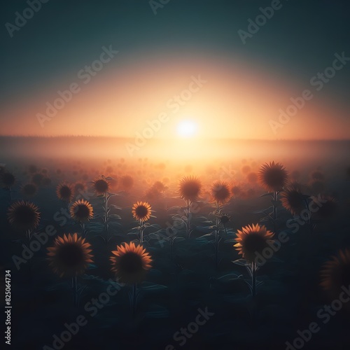 Golden Sunset Over Sunflower Field Tranquil Nature Landscape