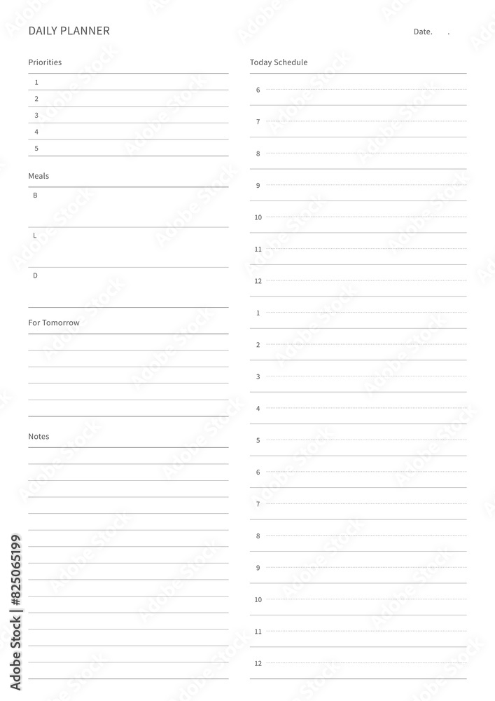 A daily plan design template in a modern, simple, and minimalist style. Note, scheduler, diary, calendar, planner document template illustration. A daily plan design template in a modern, simple, and minimalist style. Note, scheduler, diary, calendar, planner document template illustration.