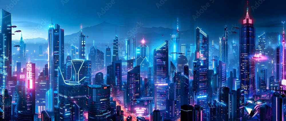 Futuristic Cityscape with Glowing Skyscrapers and Hovering Vehicles