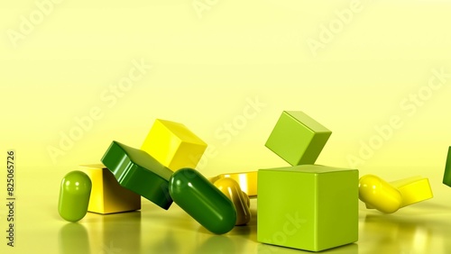 3D graphic depicting a cluster of shiny soft green and yellow cubes, capsules and stars on a yellow gradient background. 3D Render photo