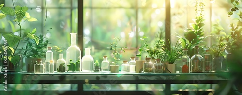 A glass counter with many plants and laboratory bottles on it  behind the window of an organic garden  blurred background  with a high resolution  concept art style  using a green color palette  in th