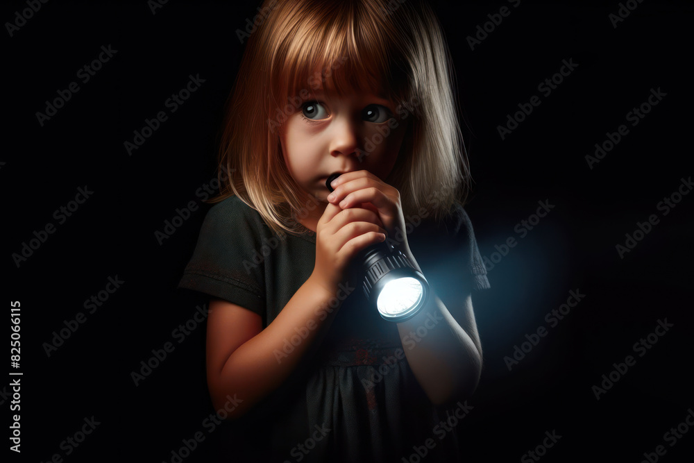 Little scared girl with a flashlight in the dark Isolated on black background Little scared girl with a flashlight in the dark Isolated on black background
