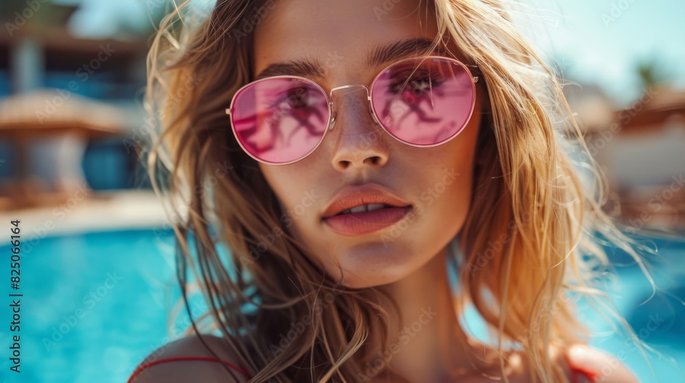 A woman with long blonde hair and pink sunglasses is posing for a photo A woman with long blonde hair and pink sunglasses is posing for a photo