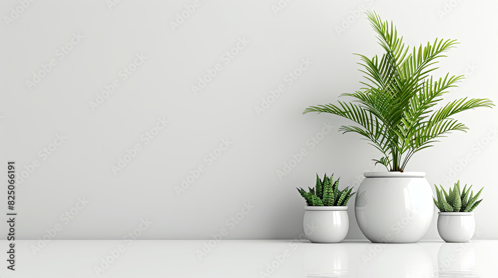 Minimalist Indoor Plants in White Ceramic Pots on Shelf, The plants add a touch of nature and freshness to the clean, modern aesthetic. Perfect for illustrating concepts of interior decor, minimalism