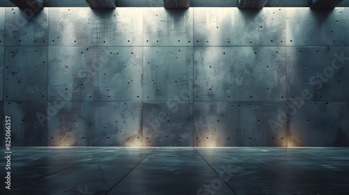 A large concrete wall with lighting from above, creating an industrial atmosphere. The grey textured wall is illuminated by bright lights that cast shadows on its surface.
 photo