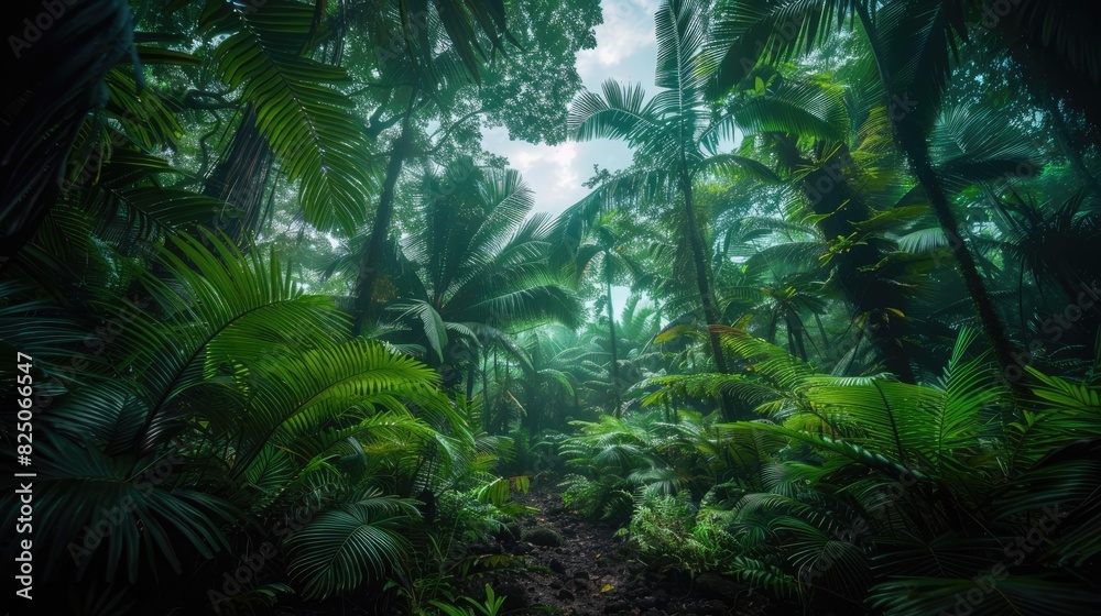 Lush tropical rainforest with dense green foliage and towering trees, creating a serene and vibrant natural environment.