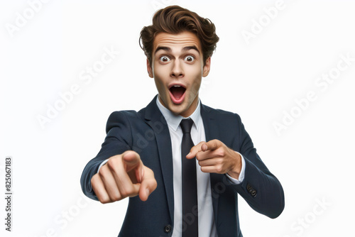 Surprised guy points at something with both hands Isolated on white background
