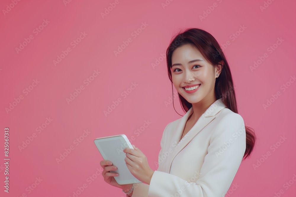 happy young asian business woman holding tablet on pink background happy young asian business woman holding tablet on pink background