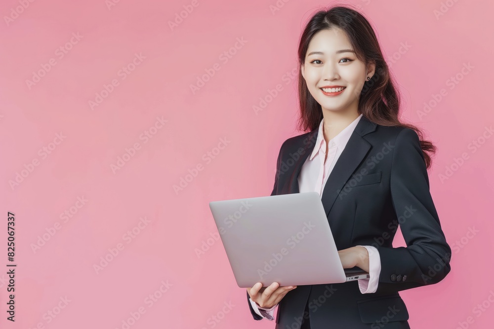 happy young asian business woman holding laptop on pink background happy young asian business woman holding laptop on pink background