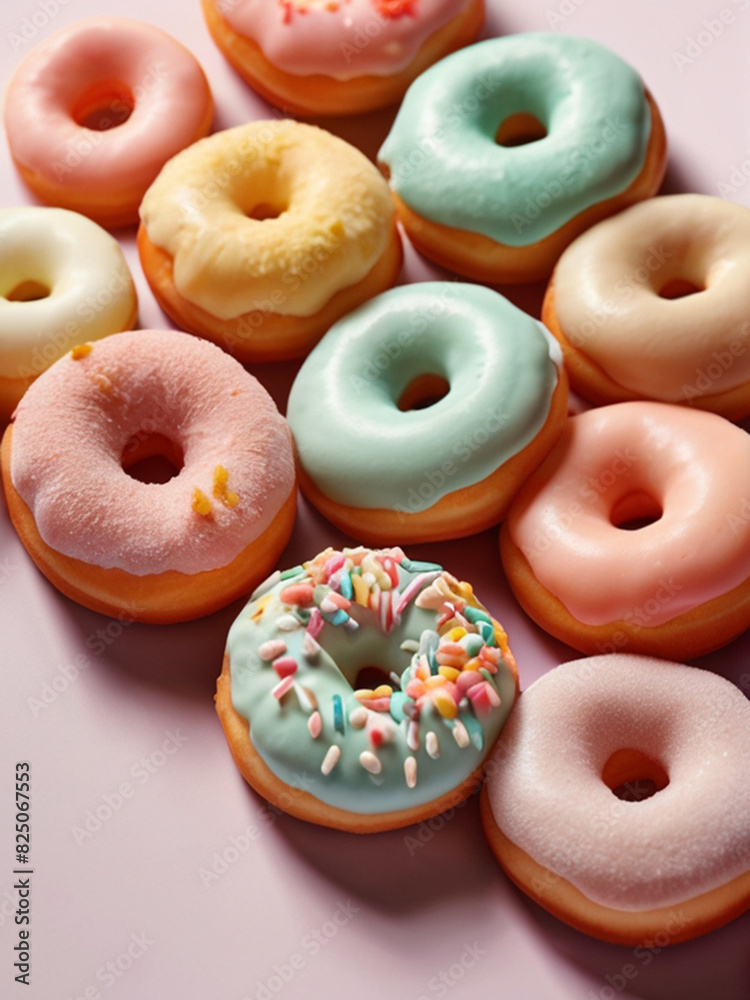 Colorful donuts with pastel icing isolated on pastel background, table top view Colorful donuts with pastel icing isolated on pastel background, table top view